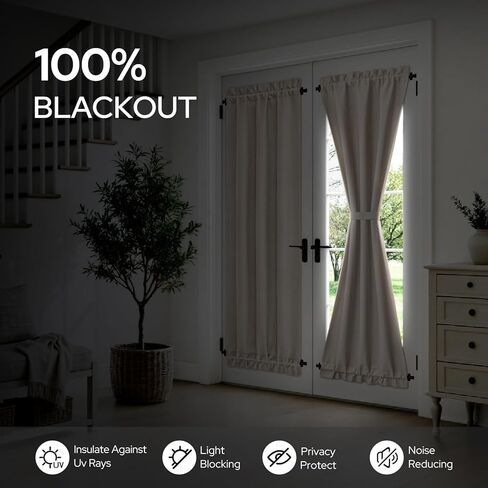 HOMEIDEAS 100% Blackout Linen French Door Curtain, Modern Farmhouse Door Window Curtains Decor, Privacy Insulated Blinds with Tie Up for Front, Glass Window, Natural Beige, 26W X 72L Inch，1 Panel in Saudi Arabia