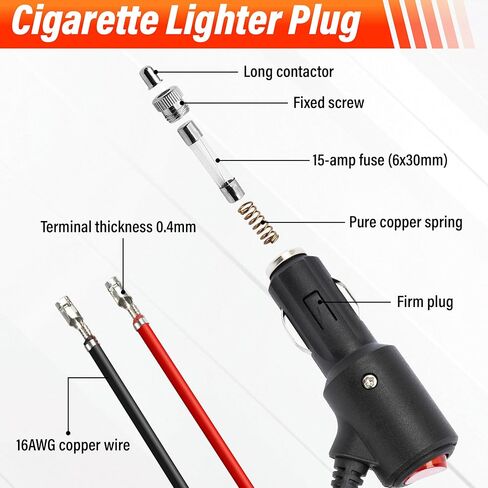 12V Cigarette Lighter Plug with On Off Switch, 2FT 16AWG Heavy Duty 15A Car Cigarette Lighter Replacement Male to Bare Wire with Leads & LED, for Car Cooler,Cb Radio, Air Compressor in Saudi Arabia