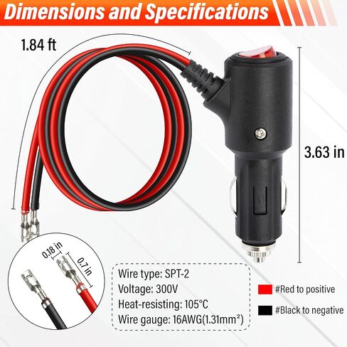 12V Cigarette Lighter Plug with On Off Switch, 2FT 16AWG Heavy Duty 15A Car Cigarette Lighter Replacement Male to Bare Wire with Leads & LED, for Car Cooler,Cb Radio, Air Compressor in Saudi Arabia