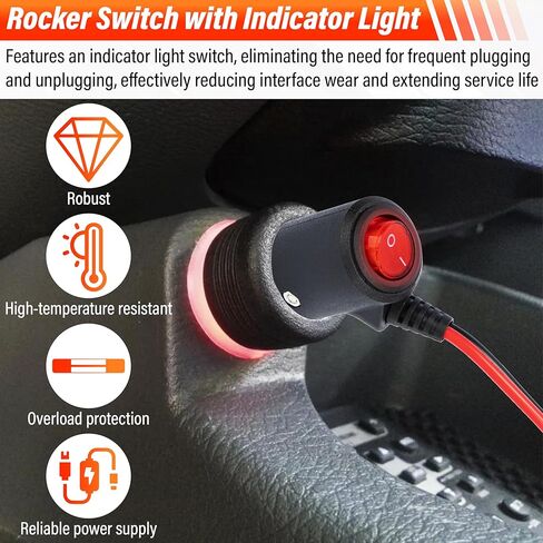 12V Cigarette Lighter Plug with On Off Switch, 2FT 16AWG Heavy Duty 15A Car Cigarette Lighter Replacement Male to Bare Wire with Leads & LED, for Car Cooler,Cb Radio, Air Compressor in Saudi Arabia