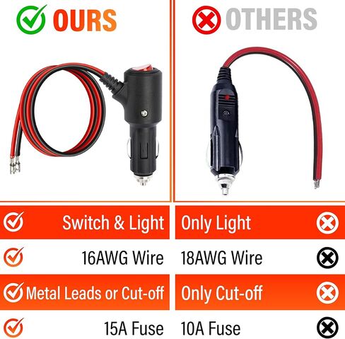 12V Cigarette Lighter Plug with On Off Switch, 2FT 16AWG Heavy Duty 15A Car Cigarette Lighter Replacement Male to Bare Wire with Leads & LED, for Car Cooler,Cb Radio, Air Compressor in Saudi Arabia