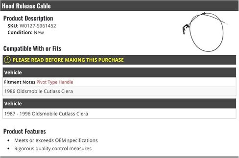Hood Release Cable - Compatible with 1986-1996 Oldsmobile Cutlass Ciera in Saudi Arabia