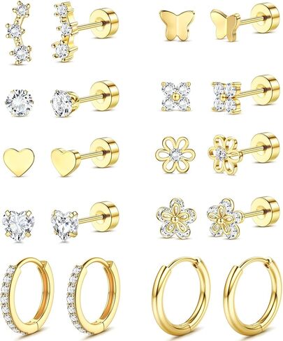 LOLIAS Flat Back Earrings for Women Girls Hypoallergenic Surgical Stainless Steel Earrings for Sensitive Ears 14K Gold Plated Heart Flower Stud Earring Set Small Huggie Hoop Cartilage Earring Stacks in Saudi Arabia