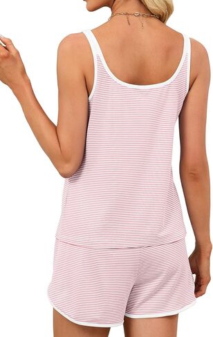 JUSTFASHIONNOW طقم بيجامة نسائي مخطط بدون أكمام مكون من قطعتين صيفي وسروال قصير Pjs مجموعة ملابس نوم مريحة بدون أكمام in Kuwait