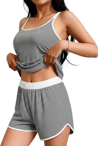 JUSTFASHIONNOW طقم بيجامة نسائي مخطط بدون أكمام مكون من قطعتين صيفي وسروال قصير Pjs مجموعة ملابس نوم مريحة بدون أكمام in Kuwait