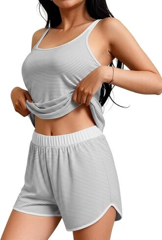 JUSTFASHIONNOW طقم بيجامة نسائي مخطط بدون أكمام مكون من قطعتين صيفي وسروال قصير Pjs مجموعة ملابس نوم مريحة بدون أكمام in Kuwait