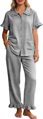 Womens Plaid Pajamas Sets Cotton 2 Piece Lounge Set Ruffle Short Sleeve Babydoll Shirt Gingham Pants Pjs in Saudi Arabia