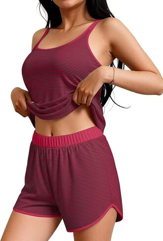 JUSTFASHIONNOW طقم بيجامة نسائي مخطط بدون أكمام مكون من قطعتين صيفي وسروال قصير Pjs مجموعة ملابس نوم مريحة بدون أكمام in Kuwait
