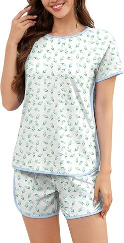 Wmens بيجامة مجموعات طباعة 2 قطعة صالة مجموعة Pjs مريح كم قصير الأعلى والسراويل مع جيوب ملابس النوم ملابس النوم in Kuwait