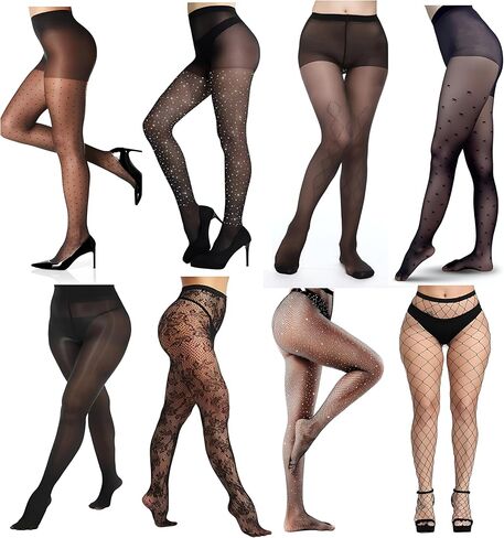 8 Pairs Women Sheer Black Tights & Sparkly Fishnet Footed Tights Set 8 Style Lace Pattern High Waist Stocking Pantyhose in Saudi Arabia