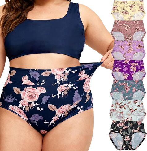 الملابس الداخلية النسائية XL-5XL حجم كبير سراويل السيدات منتصف عالية الخصر ملخصات سراويل الزهور الوردية 7-حزمة in Saudi Arabia