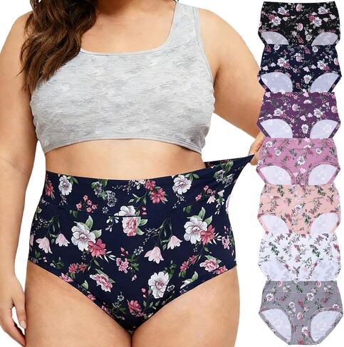 الملابس الداخلية النسائية XL-5XL حجم كبير سراويل السيدات منتصف عالية الخصر ملخصات سراويل الزهور الوردية 7-حزمة in Kuwait