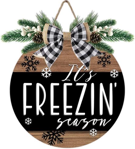 Deroro Winter It's Freezin' Season Green Front Door Sign, Farmhouse Snowflake Wood Hanger Outdoor Outside Porch Decor, Rustic Christmas Wooden Wreath Indoor Wall Hanging Decoration with Plaid Bow in Saudi Arabia