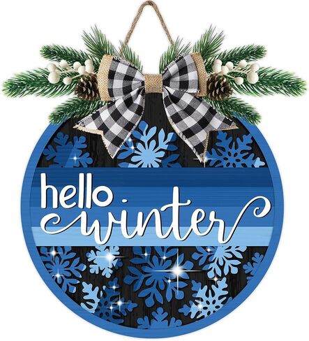 Deroro Winter It's Freezin' Season Green Front Door Sign, Farmhouse Snowflake Wood Hanger Outdoor Outside Porch Decor, Rustic Christmas Wooden Wreath Indoor Wall Hanging Decoration with Plaid Bow in Saudi Arabia