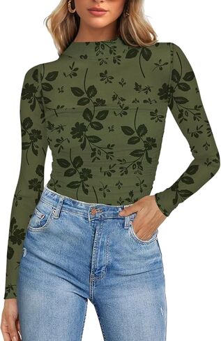 Poetsky Women's Sexy Sheer Long Sleeve Tops Mock Turtle Neck Mesh Ruched Fall Trendy Going Out Shirt Fitted Blouse 2026 in Saudi Arabia
