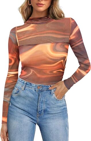 Poetsky Women's Sexy Sheer Long Sleeve Tops Mock Turtle Neck Mesh Ruched Fall Trendy Going Out Shirt Fitted Blouse 2026 in Saudi Arabia