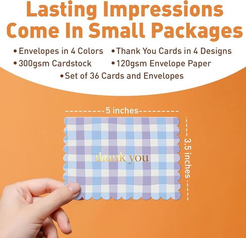 S&O Gingham Thank You Cards with Envelopes - Blank Greeting Card for Handwritten Messages - 3.5x5" Thank You Notes Set of 36 - Assorted Thank You Cards with Color Envelopes to Mix & Match in Saudi Arabia