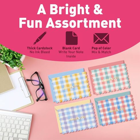 S&O Gingham Thank You Cards with Envelopes - Blank Greeting Card for Handwritten Messages - 3.5x5" Thank You Notes Set of 36 - Assorted Thank You Cards with Color Envelopes to Mix & Match in Saudi Arabia