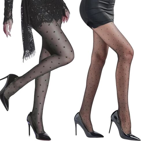 Verdancy 2-Pack Women’s 15D Plus Size Sheer Pantyhose Footed Tights, Black Polka Dot & Heart Patterns in Saudi Arabia