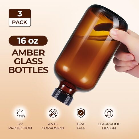 3 عبوات، 16 أونصة من الزجاجات الكهرمانية، زجاجات بوسطن الدائرية القابلة لإعادة الملء مع أغطية سوداء، حاويات زجاجية مثالية للكومبوتشا، التخمير الثانوي، تخزين التوابل، الزيوت العطرية محلية الصنع in Kuwait