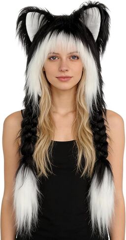 Soft Furry Animal Ear Hat with Braids, Plush Cat Ears Beanie for Anime Cosplay, Faux Fur, 37cm x 60cm, Multiple Colors in Saudi Arabia