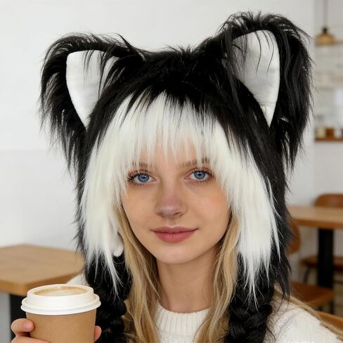 Soft Furry Animal Ear Hat with Braids, Plush Cat Ears Beanie for Anime Cosplay, Faux Fur, 37cm x 60cm, Multiple Colors in Saudi Arabia