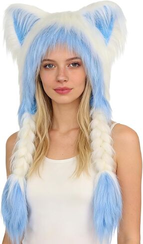 Soft Furry Animal Ear Hat with Braids, Plush Cat Ears Beanie for Anime Cosplay, Faux Fur, 37cm x 60cm, Multiple Colors in Saudi Arabia
