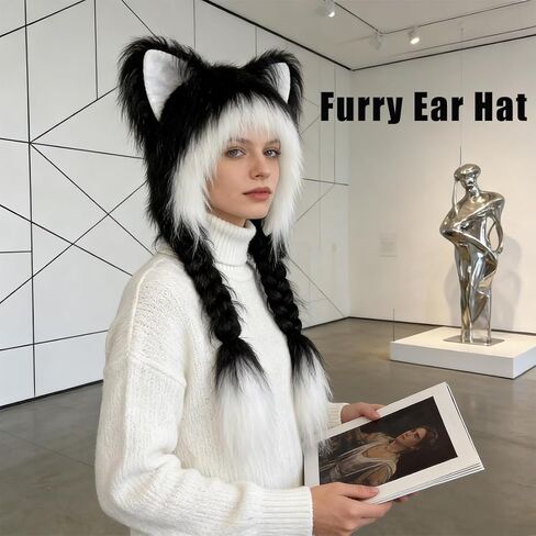 Soft Furry Animal Ear Hat with Braids, Plush Cat Ears Beanie for Anime Cosplay, Faux Fur, 37cm x 60cm, Multiple Colors in Saudi Arabia