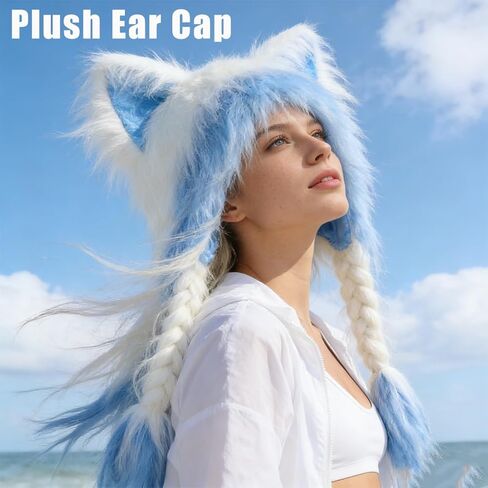 Soft Furry Animal Ear Hat with Braids, Plush Cat Ears Beanie for Anime Cosplay, Faux Fur, 37cm x 60cm, Multiple Colors in Saudi Arabia