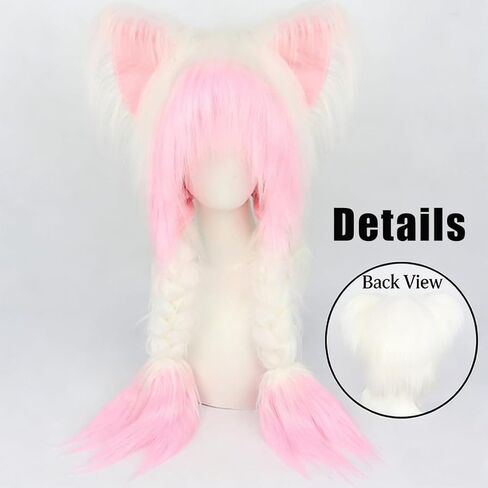 Soft Furry Animal Ear Hat with Braids, Plush Cat Ears Beanie for Anime Cosplay, Faux Fur, 37cm x 60cm, Multiple Colors in Saudi Arabia