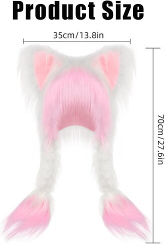 Soft Furry Animal Ear Hat with Braids, Plush Cat Ears Beanie for Anime Cosplay, Faux Fur, 37cm x 60cm, Multiple Colors in Saudi Arabia
