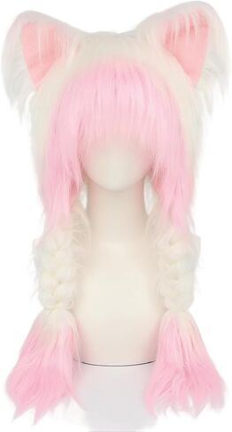 Soft Furry Animal Ear Hat with Braids, Plush Cat Ears Beanie for Anime Cosplay, Faux Fur, 37cm x 60cm, Multiple Colors in Saudi Arabia