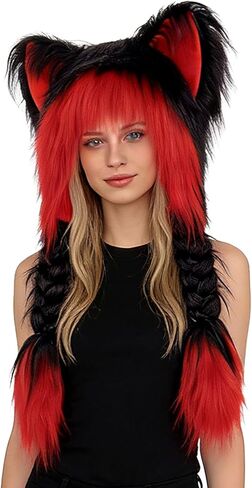 Soft Furry Animal Ear Hat with Braids, Plush Cat Ears Beanie for Anime Cosplay, Faux Fur, 37cm x 60cm, Multiple Colors in Saudi Arabia