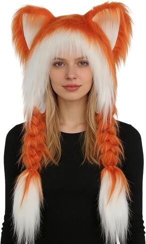 Soft Furry Animal Ear Hat with Braids, Plush Cat Ears Beanie for Anime Cosplay, Faux Fur, 37cm x 60cm, Multiple Colors in Saudi Arabia
