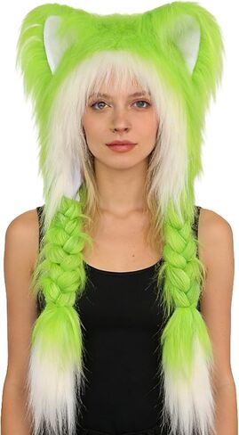 Soft Furry Animal Ear Hat with Braids, Plush Cat Ears Beanie for Anime Cosplay, Faux Fur, 37cm x 60cm, Multiple Colors in Saudi Arabia