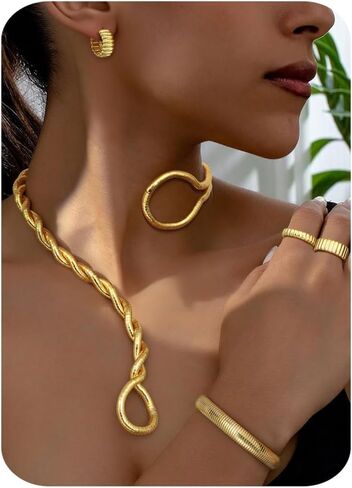 JeryWe Gold Statement Jewelry Set for Women 14K Gold Plated Choker Necklace Chunky Bangle Bracelet Stackable Knuckle Rings Hypoallergenic Hoop Earring Stack Trendy Jewelry Sets Fashion Accessories for Women in Kuwait