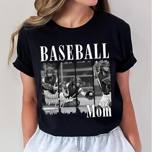 Personalized Baseball Mom Shirt with Custom Name Number and Player Photo Game Day Sports Tee for Proud Mother Softball Season Fan Apparel in Saudi Arabia