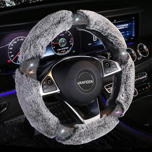KAFEEK Diamond Fluffy Microfiber Plush Steering Wheel Cover with Bling Bling Crystal Rhinestones for Winter Warm, Universal 15 inch Fuzzy Steering Wheel Cover,Gray in Kuwait