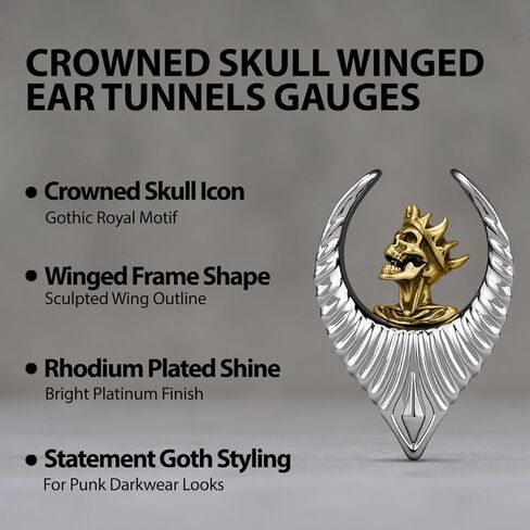 ERKUOO Gothic Skull Ear Saddles Tunnels - Vintage Gold Spiked Skeleton & Crowned King with Detailed Wings - Teardrop Plugs Gauges for Men Women Body Piercing Jewelry (2g - 1 Inch) in Kuwait