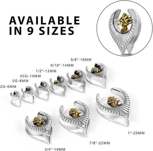 ERKUOO Gothic Skull Ear Saddles Tunnels - Vintage Gold Spiked Skeleton & Crowned King with Detailed Wings - Teardrop Plugs Gauges for Men Women Body Piercing Jewelry (2g - 1 Inch) in Kuwait