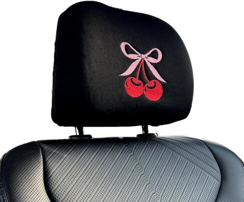 Yupbizauto 2 Pack Cherry Bow Embroidered Car Headrest Covers - Coquette Aesthetic Pink & Red Universal Fit Interior Decor - Soft Fabric Seat Protector Accessories for Women & Teens Made in USA in Saudi Arabia
