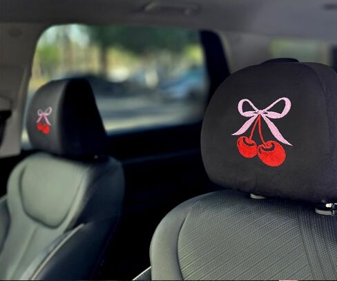 Yupbizauto 2 Pack Cherry Bow Embroidered Car Headrest Covers - Coquette Aesthetic Pink & Red Universal Fit Interior Decor - Soft Fabric Seat Protector Accessories for Women & Teens Made in USA in Saudi Arabia