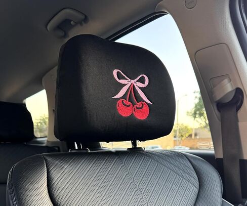 Yupbizauto 2 Pack Cherry Bow Embroidered Car Headrest Covers - Coquette Aesthetic Pink & Red Universal Fit Interior Decor - Soft Fabric Seat Protector Accessories for Women & Teens Made in USA in Saudi Arabia