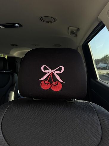 Yupbizauto 2 Pack Cherry Bow Embroidered Car Headrest Covers - Coquette Aesthetic Pink & Red Universal Fit Interior Decor - Soft Fabric Seat Protector Accessories for Women & Teens Made in USA in Saudi Arabia
