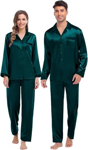 SWOMOG Couples Pajama Sets Men & Women Satin Long Sleeve Sleepwear Silky Classic Button Down Soft Loungewear Pjs Set Women Pure Red Small in Saudi Arabia