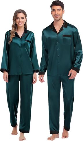 SWOMOG Couples Pajama Sets Men & Women Satin Long Sleeve Sleepwear Silky Classic Button Down Soft Loungewear Pjs Set Women Pure Red Small in Saudi Arabia