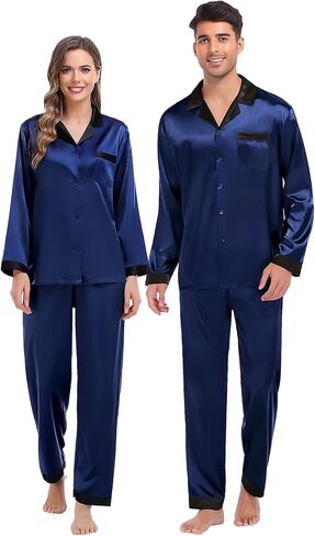 SWOMOG Couples Pajama Sets Men & Women Satin Long Sleeve Sleepwear Silky Classic Button Down Soft Loungewear Pjs Set Women Pure Red Small in Saudi Arabia