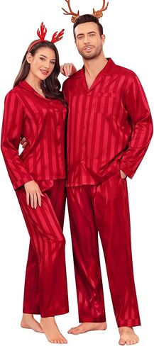 SWOMOG Couples Pajama Sets Men & Women Satin Long Sleeve Sleepwear Silky Classic Button Down Soft Loungewear Pjs Set Women Pure Red Small in Saudi Arabia
