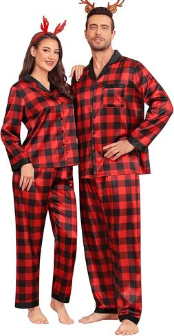 SWOMOG Couples Pajama Sets Men & Women Satin Long Sleeve Sleepwear Silky Classic Button Down Soft Loungewear Pjs Set Women Pure Red Small in Saudi Arabia
