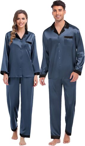 SWOMOG Couples Pajama Sets Men & Women Satin Long Sleeve Sleepwear Silky Classic Button Down Soft Loungewear Pjs Set Women Pure Red Small in Saudi Arabia